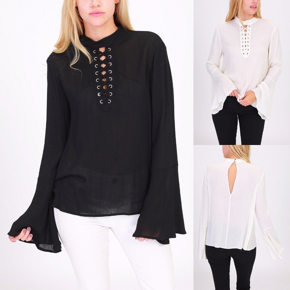 One The Land Tops - Lace Up Choker Neck Long Bell Sleeve Flowy Tunic